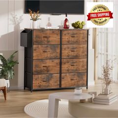 Fabric Chest of Drawers - Canvas Storage Unit with 8 Large Drawers Label Cards, Side Pocket & Hook for Living Room, Hallway, Bedroom