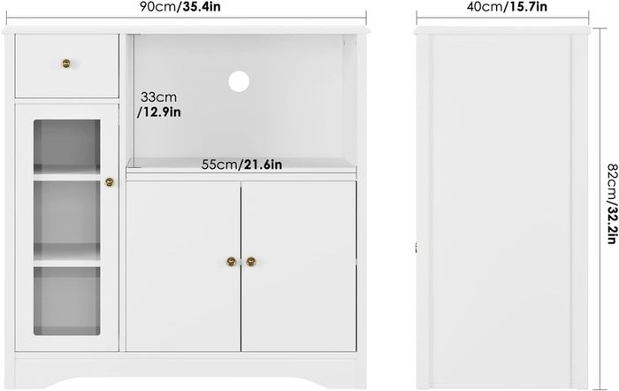 Kitchen Cupboard, White Kitchen Storage Cabinet with Doors, Microwave Counter and Adjustable Shelves, Modern Sideboard for Dining Room, Living Room, 90 x 40 x 82 cm