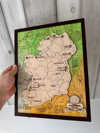 Handmade Ireland Golf Course Tracker Map - 3D Layered Wood
