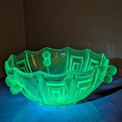 Vintage Stolzle Art Deco Green Glass Bowl 22cm Uranium glass