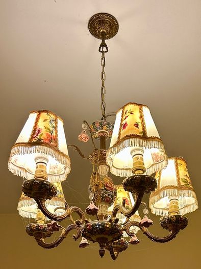 70s Gorgeous Ronantic Brass and Porcelain Chandelier