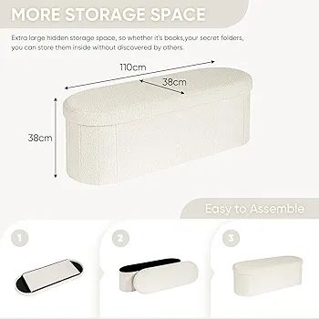 Folding Ottoman Storage Bench,Boucle Footstool Oval, End of Bed Stool, Ideal for Living Room, Bedroom, 100L Storage Space,White,110x38x38cm