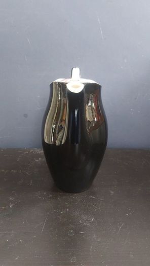 Stunning Vintage MCM 1950's Coffee Set for Six, Including Coffee Pot, by Johnson Bros, in Black and Cream with Pink Rose Detailing and Platinum Gilt Design