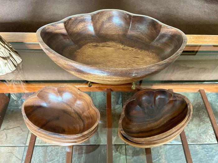 Vintage Carved Acacia Wood Shell Bowl Set 7 Pc Serving Salad Snack Nesting
