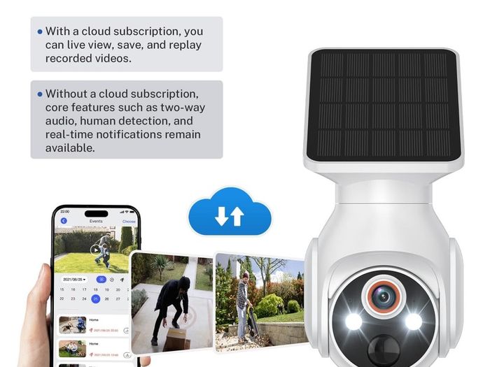 Solar-Powered Outdoor Security Camera, 1080p WiFi, 2-Way Audio, Night Vision, App Control, Weather Resistant, IP65, Cloud Storage, Human Detection, 2.4GHz Only, Pan Tilt Control