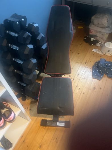 dumbells, rack and bench