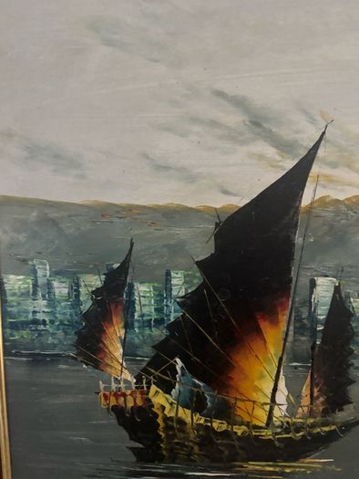Vintage Oil Painting on Board of Boats in a Harbour