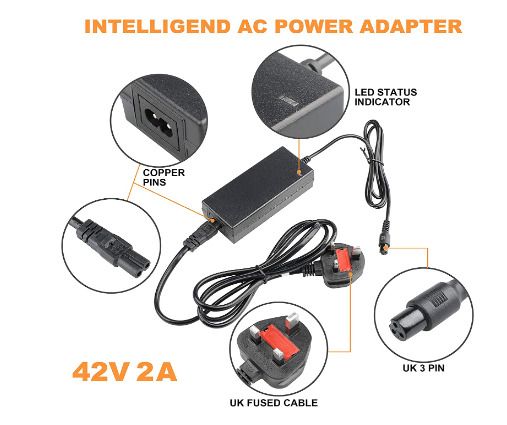 Scooter Charger 42V 2A AC Power Adapter Battery Charger for Electric Self-Balancing Scooter, Two Wheel Smart Drifting Board, Electric Scooters, Segway Hoverboard UK Universal Charger 3 pin