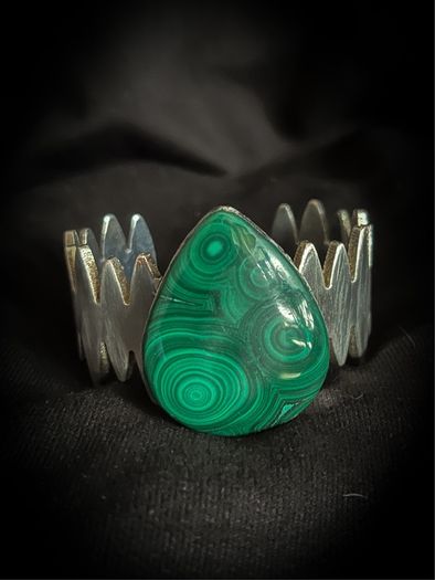 Malachite Crystal on a Salvaged Jagged Silver Bangle