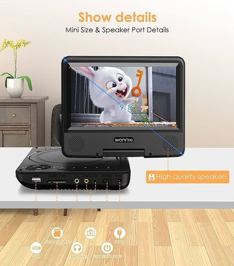 9.5" Portable DVD Player with 7" HD Swivel Screen for Kids and Car, Dual Stereo Speakers, Built-in Rechargeable Battery,Support (FREE SHIPPING)