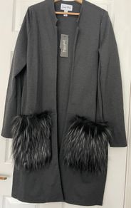 Joseph Ribkoff Charcoal Grey Fur Pocket Coat - Size 14 - New with Tags