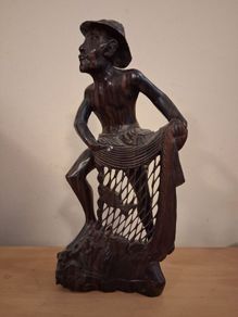 Tall Asian Rosewood Carved Fisherman statue