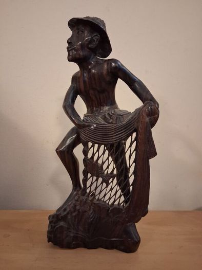 Tall Asian Rosewood Carved Fisherman statue