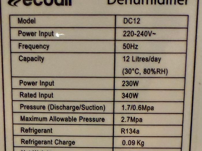 Ecoair DC12 Dehumidifier