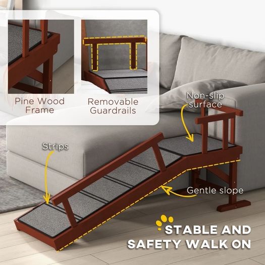 Wooden Dog Ramp with Removable Guardrails, Non-Slip Surface, 125 cm Long, Brown