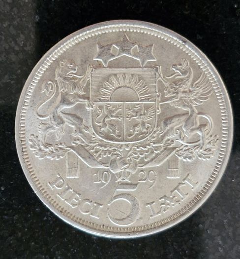 1929 Latvia  5 Lati Silver coin