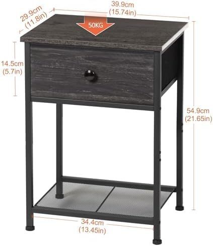 Bedside Table Set of 2, Small Side Table with Fabric Drawer, Sofa Table with Storage Shelf, Nightstand with Metal Frame for Bedroom, Living Room, Dark Grey