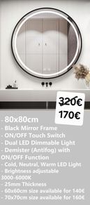 LED Bathroom Mirror 80cm Fog Free Black Frame Dual LED