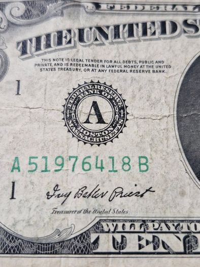 USA 1950-A TEN DOLLAR 10 Boston Massachusetts US Federal Reserve Hamilton Note
