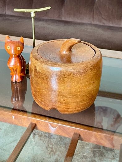 Vintage Apple Shaped Wood Jar Container Round Wooden Box 1960s 70s