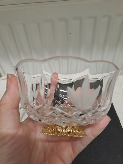 1980s Vintage Cut Crystal Bowl with Gilt Base