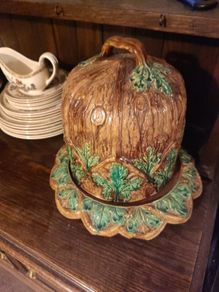 Large Antique Victorian Majolica Cheese Dome & Stand Oak Leaf & Bark