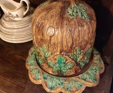 Large Antique Victorian Majolica Cheese Dome & Stand Oak Leaf & Bark