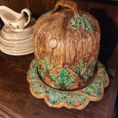 Large Antique Victorian Majolica Cheese Dome & Stand Oak Leaf & Bark