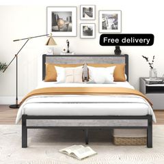 King Size Bed Frame with Storage Wooden Headboard