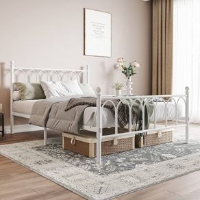 Double Metal Bed Frame 135 x 190 cm with Headboard and Footboard Heavy Duty Foundation,Metal Slat Support,White,
