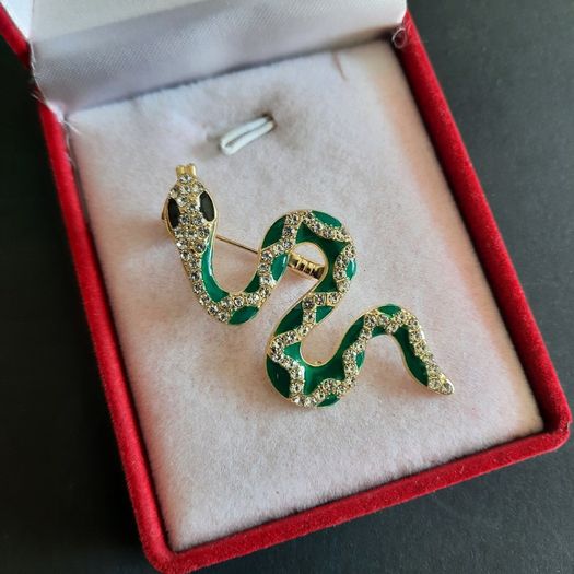 Snake Brooch Cobra Pin Gold Tone with Green & White Crystals Rattle Snake Broach