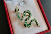 Snake Brooch Cobra Pin Gold Tone with Green &amp; White Crystals Rattle Snake Broach
