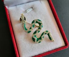 Snake Brooch Cobra Pin Gold Tone with Green & White Crystals Rattle Snake Broach