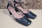 Womens CLARKS square toe block heels shoes sandals  blue leather Size UK 5.5 EU 38.5
