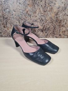 Womens CLARKS square toe block heels shoes sandals  blue leather Size UK 5.5 EU 38.5