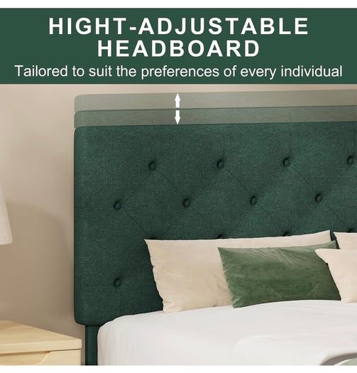 Single Bed Frame with Headboard, 90 X 190, Green Upholstered Bed Frame, Adjustable, Heavy Duty, Easy Assembly, No Box Spring Needed