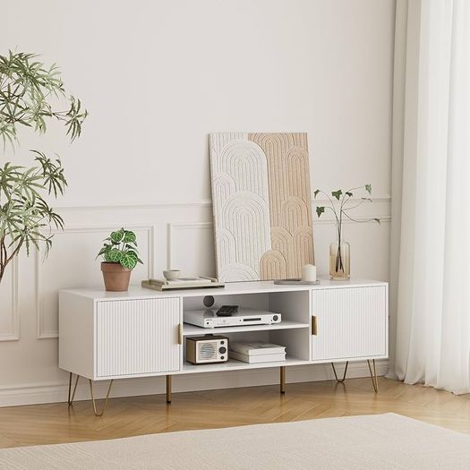 White Wood TV Stand for up to 65 Inch TV, 137cm TV Unit with 2 Cabinets and Open Shelves, Modern TV Console Table for Living Room,53.9 x 15.0 x 18.9 inches