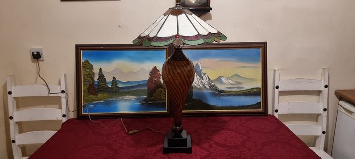 30.5 Inch Tall Large Art Deco Tiffany Style Table Lamp With Metal And Black Striped Amber Glass Stand With Stained Glass Shade