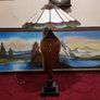 30.5 Inch Tall Large Art Deco Tiffany Style Table Lamp With Metal And Black Striped Amber Glass Stand With Stained Glass Shade Image 4