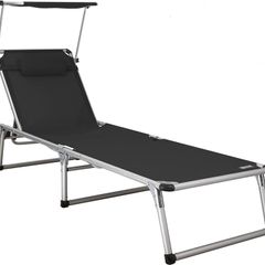 Aluminium Folding Sun Lounger with Sunroof Textilene Fabric - Black, 74.0 cmx190.0 cmx61.5 cm