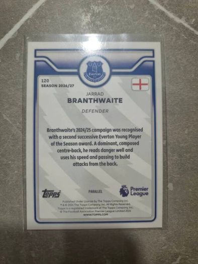 Jarrad Branthwaite Topps Premier League 2026/27 Pink Sparkle Parallel Everton #120  (numbered  card)