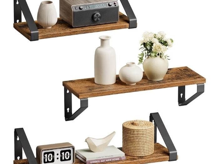 Set of 3, Shelf, 2 Mounting Options, Display Shelf, for Living Room, Kitchen, Study, Bathroom, Rustic Brown and Black