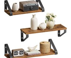 Set of 3, Shelf, 2 Mounting Options, Display Shelf, for Living Room, Kitchen, Study, Bathroom, Rustic Brown and Black