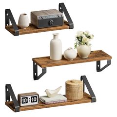 Set of 3, Shelf, 2 Mounting Options, Display Shelf, for Living Room, Kitchen, Study, Bathroom, Rustic Brown and Black