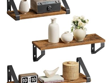 Set of 3, Shelf, 2 Mounting Options, Display Shelf, for Living Room, Kitchen, Study, Bathroom, Rustic Brown and Black