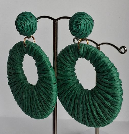 Grass Green Raffia Woven Stud Hollow Out Woven Hoop Earrings
