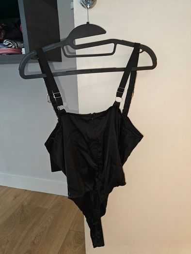 Black Diamante Strap V Bar Bodysuit size 12UK