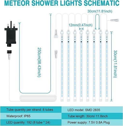 NEW SALE- Meteor Shower Rain Lights, Rilitor Falling Rain Lights Waterproof 192 LEDs 8 Tubes 11.8 inch Drop Icicle Fairy String Lights for Christmas Halloween