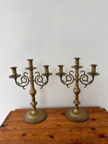 Vintage Pair of Brass 3-arm Candelabras