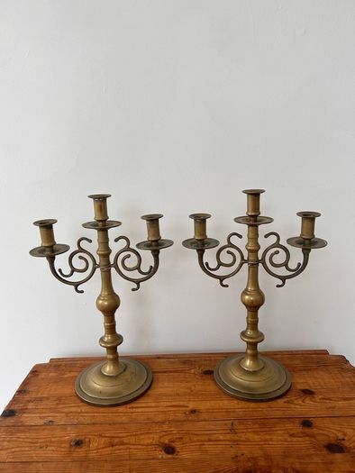 Vintage Pair of Brass 3-arm Candelabras